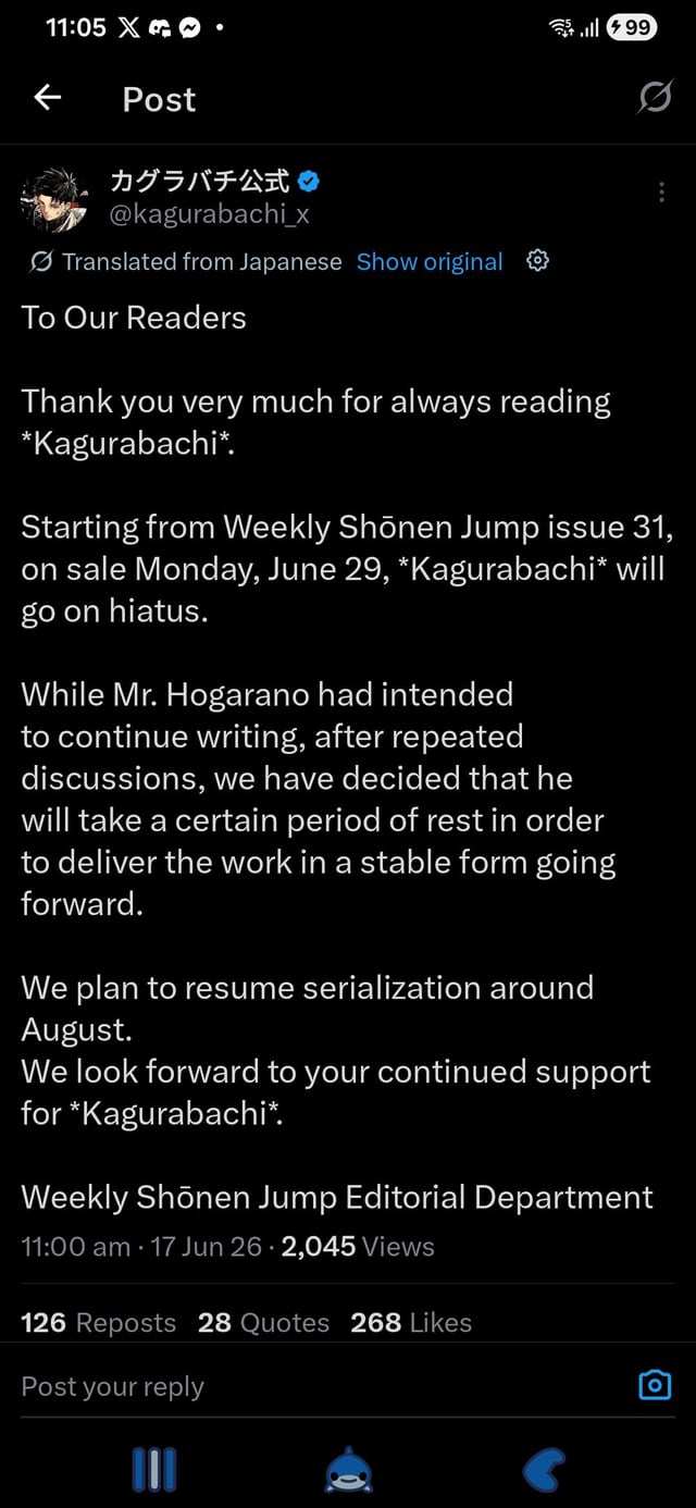 X screenshot of a Kagurabachi hiatus notice