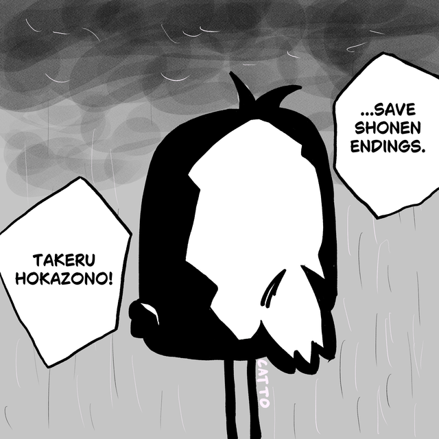 Kuro in the rain asking Hokazono to save shonen endings